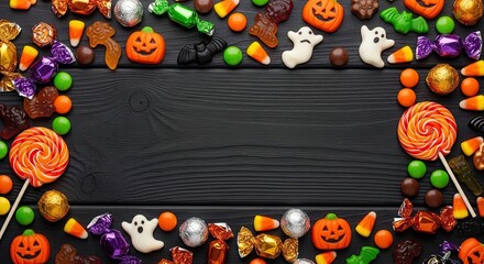 Festive halloween candy border frame with pumpkins ghosts and lollipops on black wood