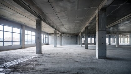 modern industrial construction site interior with concrete columns and dusty floor pre renovation