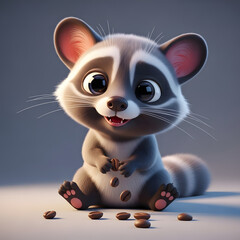 A cute cartoon raccoon is sitting on a light gray surface, holding coffee beans in its paws and surrounded by scattered coffee beans.