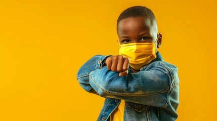 Boy Wearing Face Mask Doing Elbow Bump on Yellow Background