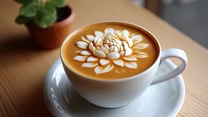 Latte art coffee cup with flower design on wooden table near green potted plant warm cozy atmosphere relaxing beverage with creamy milk foam in white ceramic cup drink