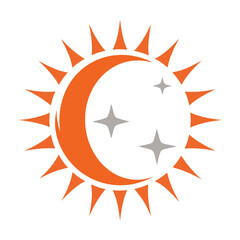 Orange Crescent Moon and Sun with Stars on White Background celestial