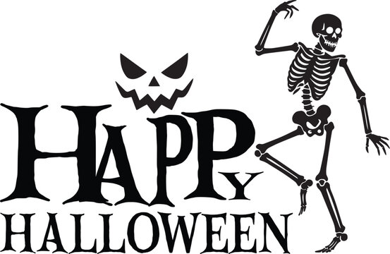 Spooky skeleton dancing next to a carved pumpkin and happy halloween text on a white background