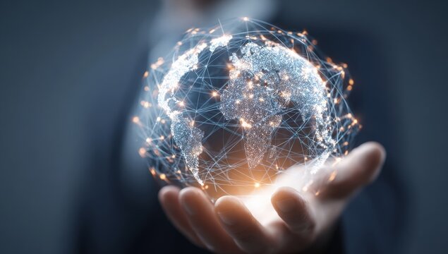 A hand holds a holographic representation of the Earth, interconnected by a network of lines