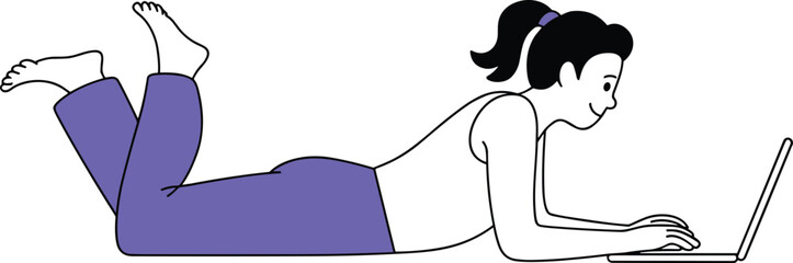 Woman illustration lying on floor using laptop, casual working, freelancer lifestyle, remote work, online learning, digital technology, relaxed home workspace.