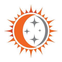 Orange sun crescent moon with grey stars on white background night