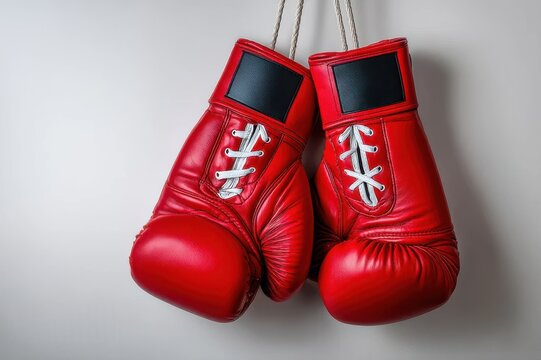 Red boxing gloves hang against a minimalist wall, symbolizing the spirit of competition and resilience in sports training - Powered by Adobe
