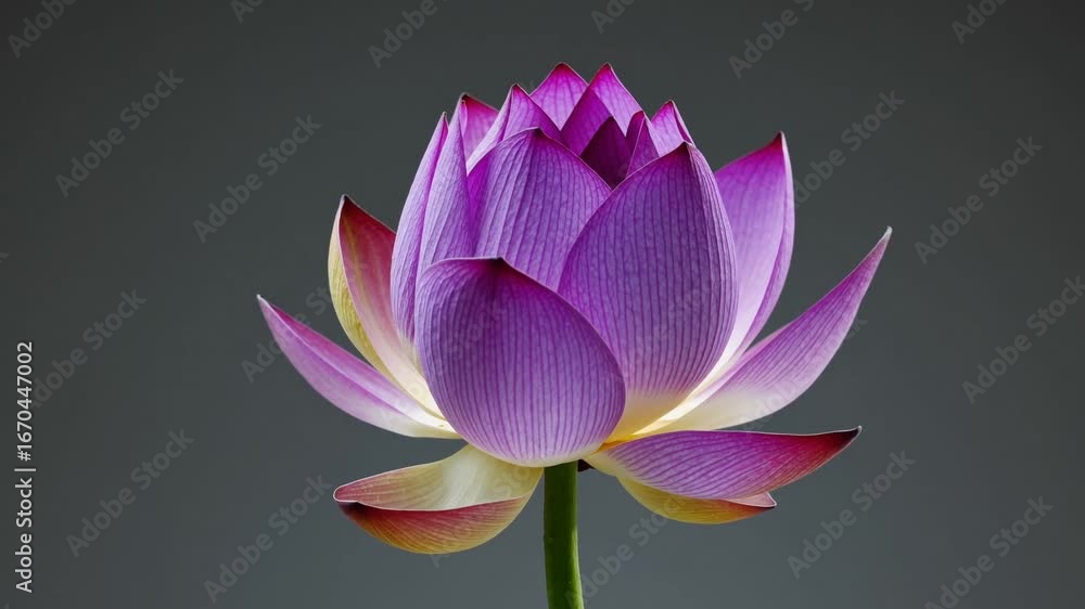 Poster rotating purple lotus with yellow tips elegant abstraction, ideal for branding and relaxation.