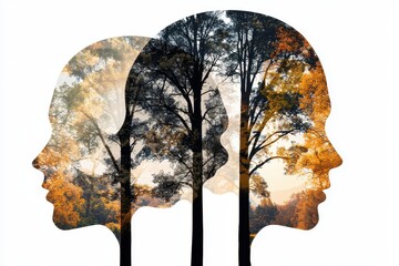 a silhouette of a tree, filled with dried leaves in double exposure, autumnal environmental impact, isolated on white background