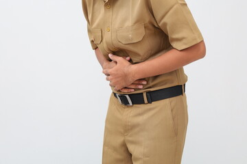Close up of Civil servant man having problem with her stomach. Stomach ache concept