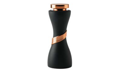 A sleek, modern bottle featuring a curvy silhouette and an elegant metallic band, designed for stylish hydration.