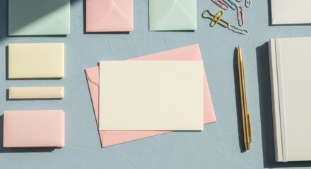 Pastel Colored Sticky Notes Envelopes and Office Supplies Flat Lay