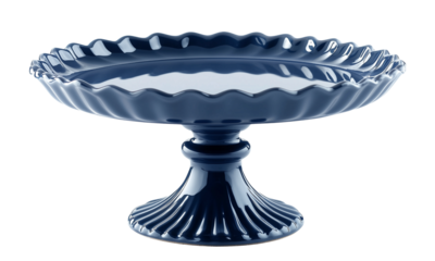 A decorative navy cake stand with a scalloped edge and a fluted base, designed for displaying desserts elegantly.