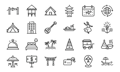 Travel and Tourism Outline Icons Set – Hotel, Tent, Airplane, Globe, Calendar, Food and Drink, Guitar, Dance, Fireworks, Palm Trees, Temple, Spa, Beach Chair, Currency Exchange, Souvenir, Restaurant, 
