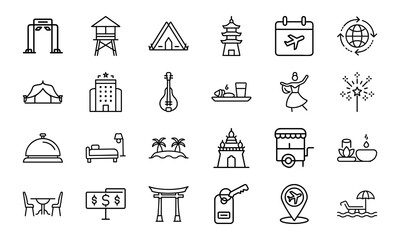 Travel and Tourism Outline Icons Set – Hotel, Tent, Airplane, Globe, Calendar, Food and Drink, Guitar, Dance, Fireworks, Palm Trees, Temple, Spa, Beach Chair, Currency Exchange, Souvenir, Restaurant, 