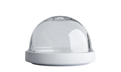 A clear glass dome with a white base, designed to cover and protect food items while showcasing their presentation.