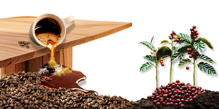 Surreal coffee cup spilling into a waterfall of coffee beans with a coffee tree, fantasy beverage and nature concept art Perfect for creative advertising, branding, and editorial projects.