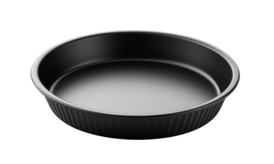 A round, black baking pan designed for cooking a variety of dishes, featuring a sleek interior and ribbed exterior for easy handling.