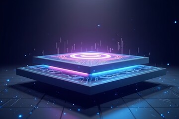 Futuristic glowing pedestal with digital energy beam and cosmic background
