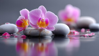 Pink orchids and smooth stones rest on reflective water, creating a serene and calming spa-like atmosphere.