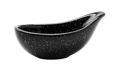 A sleek black bowl with a glossy finish, featuring a unique elongated shape and speckled design.
