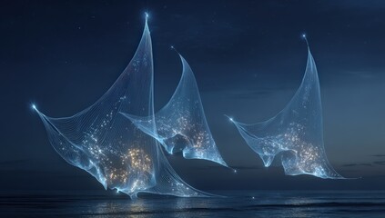 Floating, luminous sails on a night sea