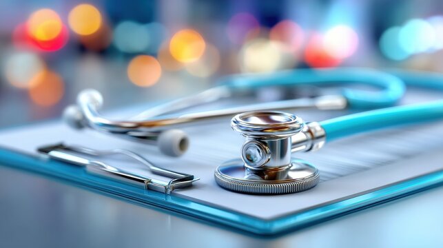 A stethoscope and clipboard rest on a desk in a medical setting with colorful blurred lights in the background.