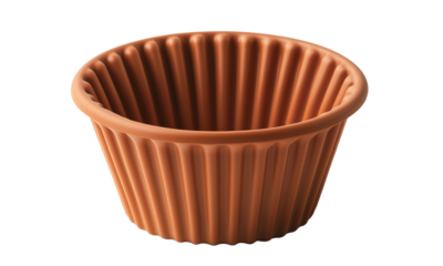 A terracotta bowl with ribbed sides, designed for various uses in cooking or serving.