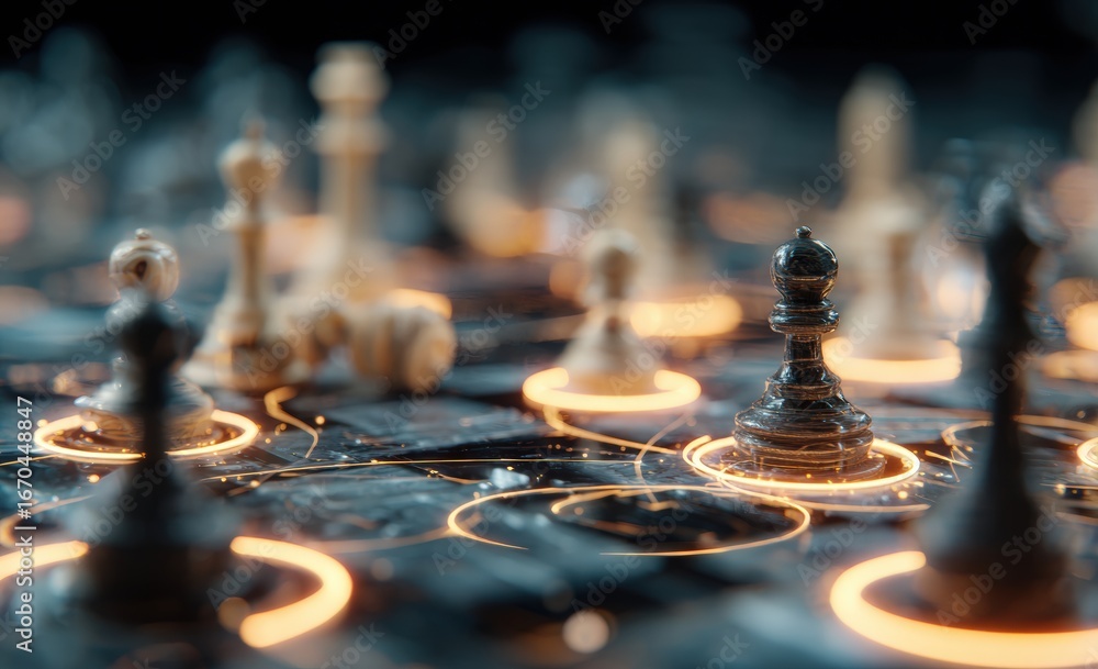 Poster a digital chess game with glowing circles