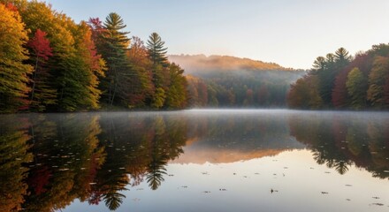 Fototapeta premium Serene Autumn Forest Landscape Reflection on Calm Lake in Morning Light