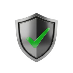 Metallic shield with green checkmark symbol representing security and safety assurance transparent background