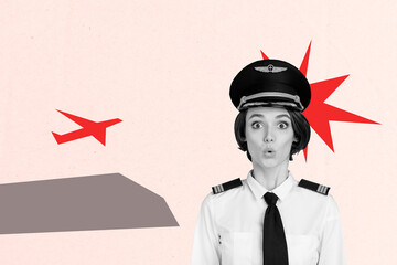 Photo cartoon comics sketch collage of astonished girl pilot open mouth aircraft flight airline...