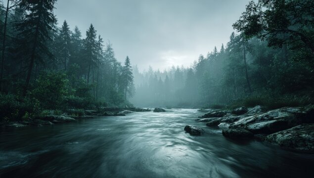 Misty forest river scene (1)