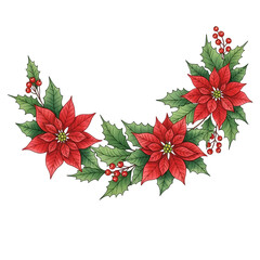 Festive red poinsettia garland with holly and berries against a for christmas celebration