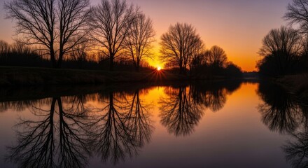Serene Sunset Over Calm River with Bare Trees Reflected in Water