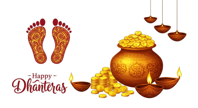 Happy Dhanteras Celebration with Lamps, Gold Coins, and Festive Footprints