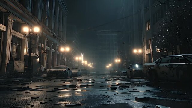 Cinematic 4K high resolution AI generated video realistic nighttime streetscape post apocalyptic. Desolate city street night AI generated video dark moody atmosphere abandoned cars urban decay.