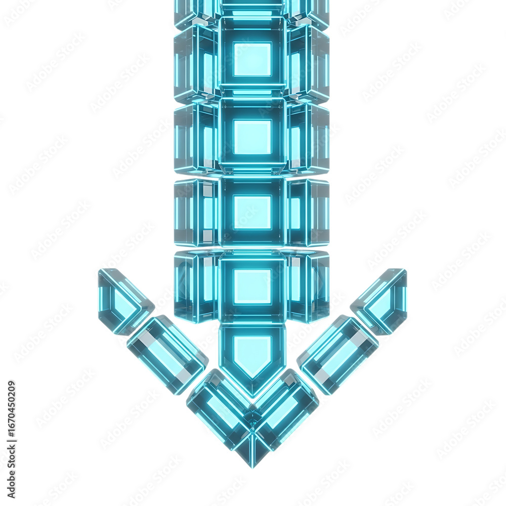 Aufkleber bright blue crystal arrow pointing downwards illuminated with translucent geometric sections and dig
