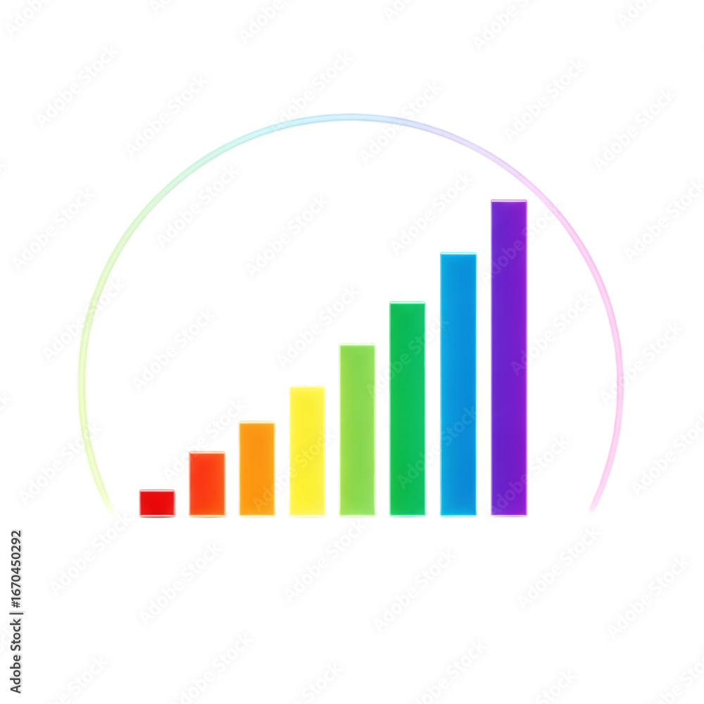 Poster rainbow bar graph showing upward growth trend within a white archway against a dark backdrop isolate