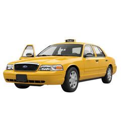 Classic yellow taxi cab with open door and illuminated 'taxi' sign on a black background transparent background
