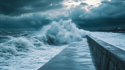 Dramatic storm surge waves crash against coastal defenses during a hurricane, highlighting the dangers of climate change.