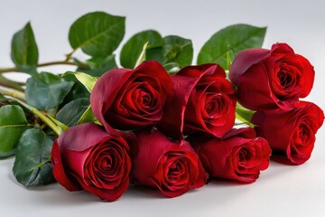 Obraz premium Bouquet of deep red roses delicately arranged with lush green leaves showcasing elegance and romance