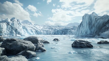 A striking photo-realistic image of a melting glacier revealing rock formations and flowing water, illustrating the effects of climate change.