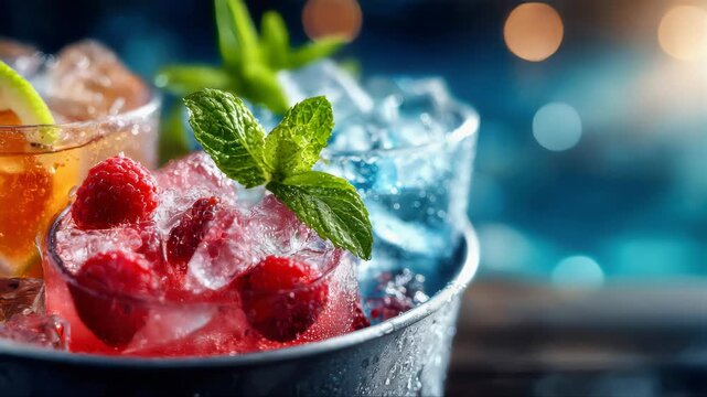 Colorful summer cocktails with ice, raspberries, mint, and lime in a chilled bucket