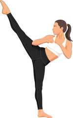 Woman practicing high kick martial arts exercise in black leggings and white top vector illustration 