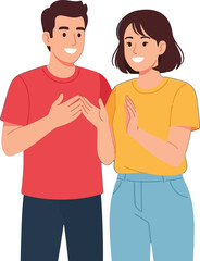 Fototapeta premium Young man and woman smiling and communicating in casual clothes friendly interaction vector illustration 