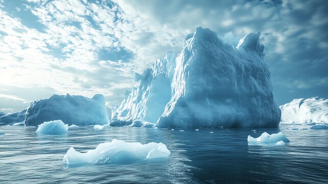 A stunning photo-realistic image showcasing an iceberg breaking apart in the ocean, illustrating the impact of climate warming.