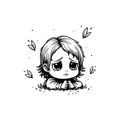 A Cartoon depiction of emotion expressing sadness showing a girl in black and white minimalistic