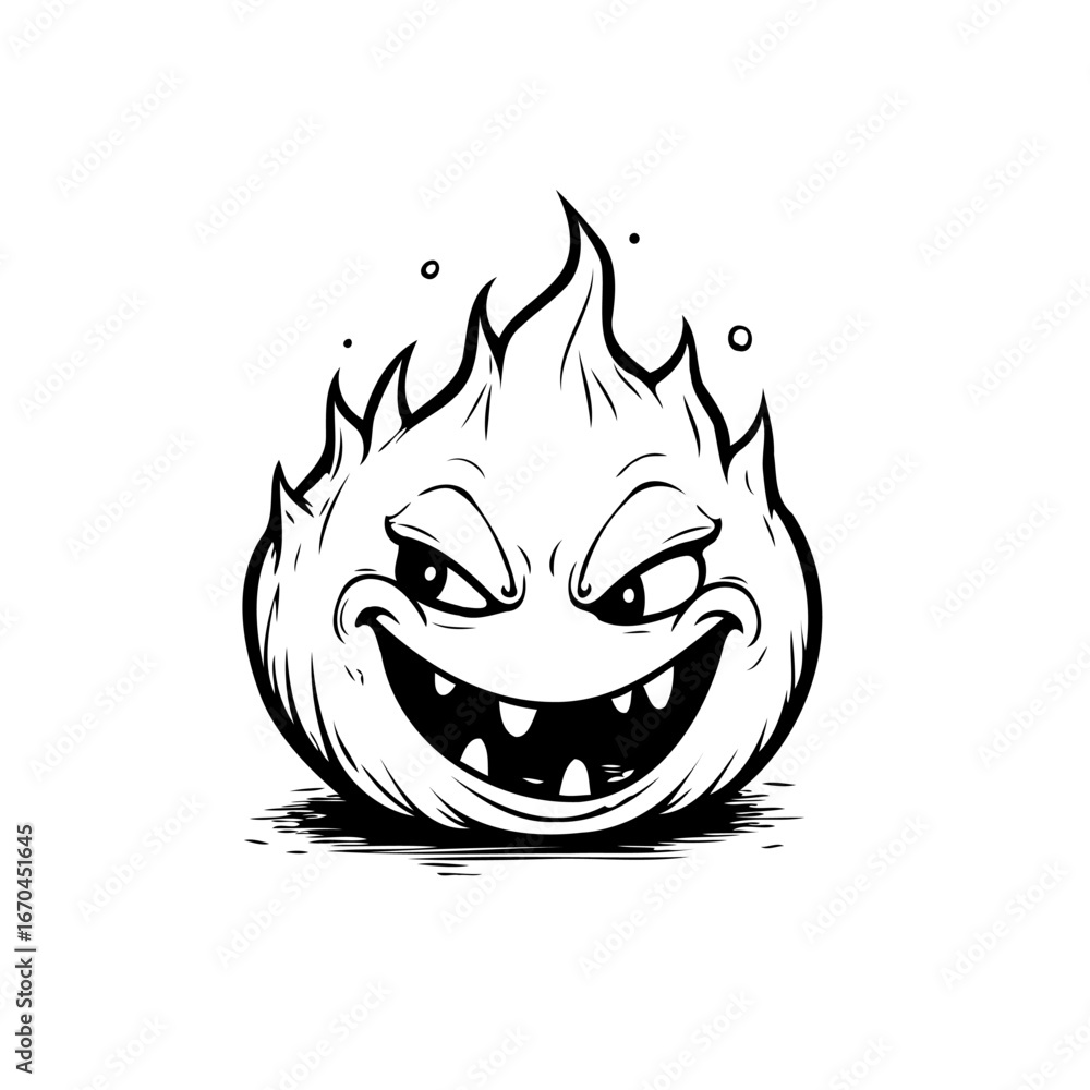 Poster a whimsical fiery entity displaying a mischievous grin with artistic monochrome vector illustration
