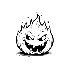 A whimsical fiery entity displaying a mischievous grin with artistic monochrome vector illustration